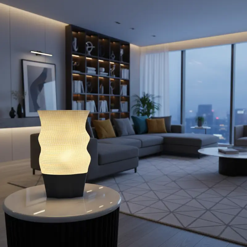 Seashell Table Lamp in a modern living room on a round side table